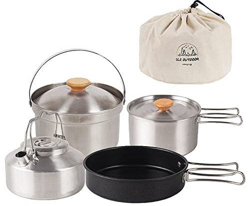 Csnbfiop Bouilloire en acier inoxydable - Ustensiles de cuisine de camping - Sac de rangement - Vaisselle d'extérieur