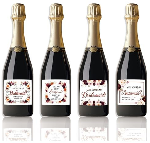 SUPERDANT 10 Sets of 4 Styles Floral Bridesmaid Proposal Mini Champagne Bottle Labels, Party Wine Bottle Labels, Stickers, Covers for Wedding Bridesmaid Proposal Gifts