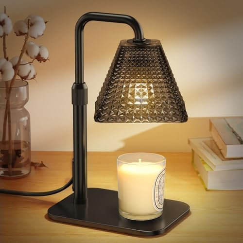 Candle Warmer Lamp with Timer & Dimmer Adjustable Height, Modern Glass Electric Candle Lamp Warmer with 2 Bulbs, Metal Base and Sponge Non-Slip Pad - for House Warming, Bedroom Decor