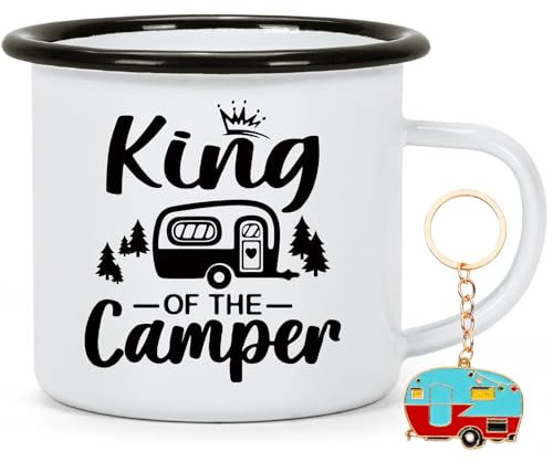Joymaking Emaille Tasse Camping Geschenke Tasse mit Spruch King of the Camper Wohnwagen Geschenke für Camper Camping Zubehör Tasse Geschenke für Freund, 350ml