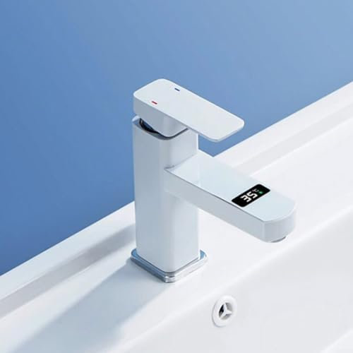 Emiif Robinet intelligent d'affichage de la température – Robinet mitigeur numérique à écran LED pour lavabo de salle de bain en acier inoxydable avec contrôle de l'eau chaude et froide (blanc)
