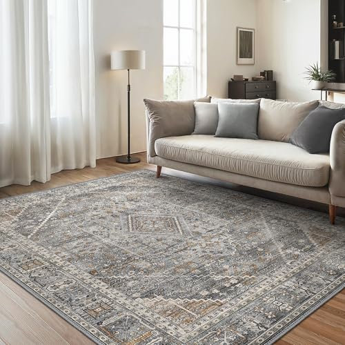 GENIMO Teppich Wohnzimmer 200x290 Waschbar, Boho Vintage Teppich Kurzflor, Rutschfester Teppiche für Schlafzimmer Esszimmer, Grau