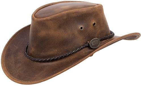 Outback Legend Lederhut – Klassischer Cowboyhut Australian Style für Damen und Herren, robust und wasserabweisend, ideal für Outdoor, Camping & Abenteuer (DE/NL/SE/PL, Alphanumerisch, S, Braun)