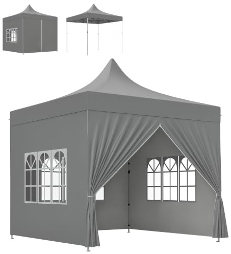 Outsunny Gartenlaube Faltbares Zelt Barnum Pop-up 3 x 3 m 4 abnehmbare Seitenwände 3 Fenster höhenverstellbar Tragetasche für Camping, Festival, Strand, Garten, grau