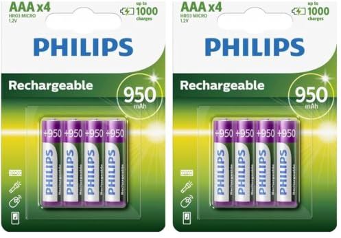 Philips R03B4A95/10 Batterie Rechargeable AAA (950 mAh, 1,2 V, Blister de 4) (Lot de 2)