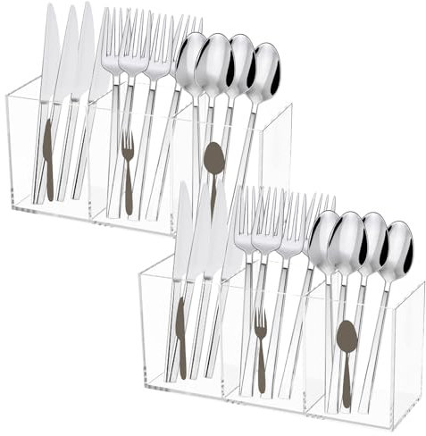 2Pcs Clear Acrylic Cutlery Storage Organizer Large Silverware Caddy Countertop Knife Spoon and Fork Holder Easy to Clean 3 Section Tableware Storage Box for Kitchen Indoor Outdoor Decoration Supplies