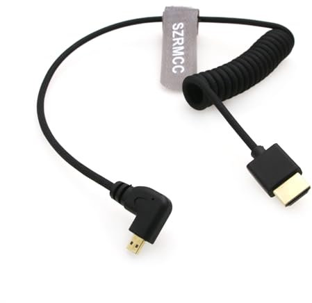 SZRMCC Câble tressé 8K 2.1 Micro HDMI à angle droit vers HDMI spiralé haute vitesse pour GoPro Hero 7 Canon EOS M5 Sony A6000 A7III Nikon B500 Yoga 3 Atomos Monitor 50 cm