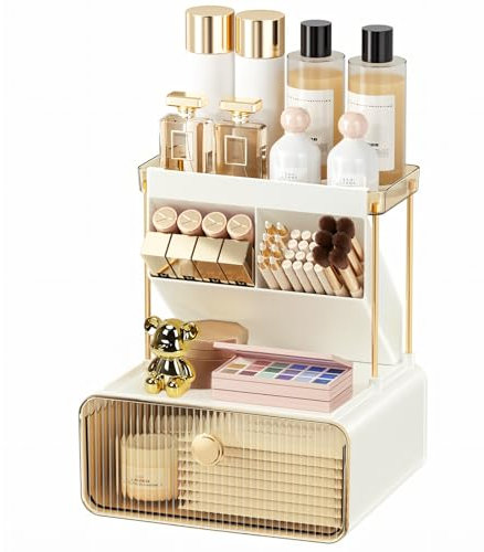 YHANEC 2-Tier Make up Organizer mit Schubladen, Multifunktion Schminktisch Organizer für Make-Up Pinsel, Wattepads, Kosmetika, usw-Cream, Kosmetik organiser für Schminktisch, Schlafzimmer, Badezimmer