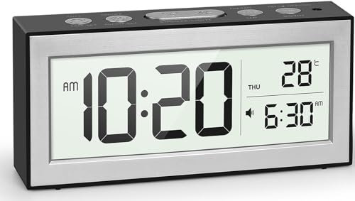 YouJabz Reloj despertador digital con pantalla LED, reloj despertador de noche, funciona con pilas, con luz nocturna, 5 horarios de alarma, repetición, ajuste automático de brillo, calendario, 12/24H