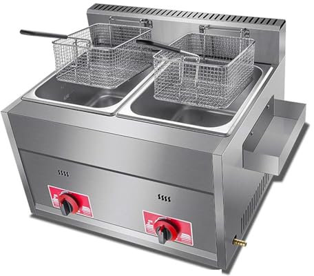 JYBNBBE Friggitrice Professionale con Vasca per condire, 2 cestelli in Acciaio Inossidabile, Piano di Lavoro Spesso, Gas a Doppia bombola per Una Cottura efficiente