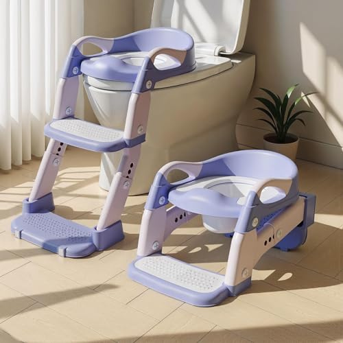 Riduttore WC Bambini, Scaletta WC Pieghevole 3 in 1 per Bambini, Antiscivolo e Impermeabile, con Paraspruzzi, Sedile WC per Bambini per L'addestramento Indipendente dei Bambini al Vasino (Viola)
