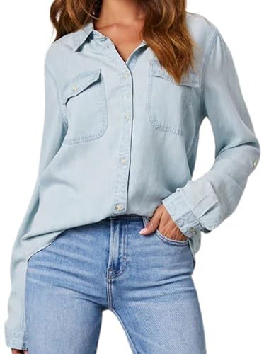 Kouoybt Women Denim Shirt Long Sleeve Button Down Shirts Casual Loose Jean Blouse Vintage Denim Tops with Pockets (A-Light Blue, M)
