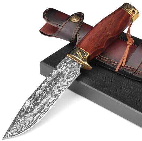 DRACHENADER Jagdmesser – 67 Lagen Vg10 Damaststahl, Handgeschmiedet, 14,7 cm Feststehende Klinge Messer, Outdoor Survival Gürtelmesser mit Lederscheide und Holzgriff (B- Damast Stahl Klinge)