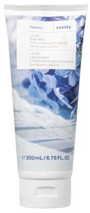KORRES LILAC Bodymilk con aceite de almendras nutritivo, crema nutritiva para la piel con aroma floral a lila, para 24 horas de cuidado y suavidad, vegana, sin siliconas ni parabenos, 200 ml