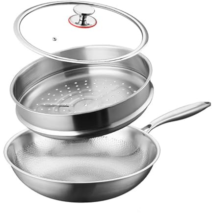 TREWQ 2025 New Titanium Hammered Pan Pro,Frying Pans Nonstick,Flat Bottom Non-Stick Wok,Durable Scratch-Resistant Non Stick Titanium Nutri Pan for Cooking with Steamer 26cm