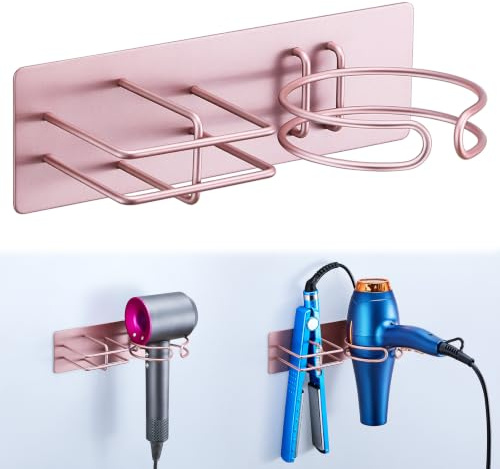 XILIMEN Hair Dryer and Straightener Holder Wall Mounted, Self Adhesive Metal Blow Dryer and Flat Iron Curler Storage Organiser Stand for Dressing Table Bathroom (Rose Gold)