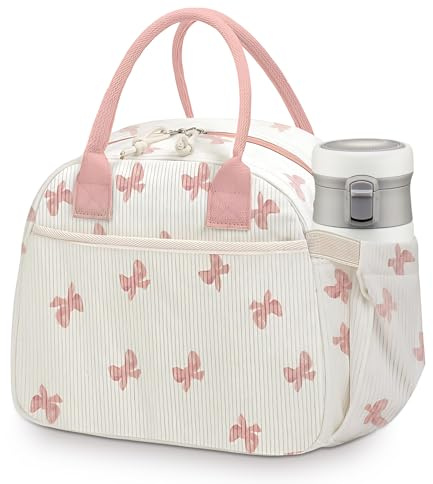 Insulated Lunch Bag for Women Girls, Cute Pink Butterfly Bow Girls Lunch Bag Reusable Leakproof Thermal Cooler Bags Corduroy Kid Packed Lunchbox for Work School Picnic Travel Beach Preppy Stuff Gifts