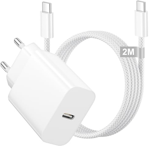 Cargador iPhone Carga Rapida 20W para iPhone 17 16 15 Pro MAX Air Plus,iPad | Cargador USB C con Cable USB C 2M Enchufe USB C Charger Adaptador Cargador Tipo C Carga Rapida Carregador para iPad Pro/Air