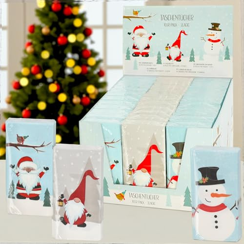 MIJOMA Papiertaschentücher Set Winterfreude- 3-lagig - 36 Packungen – Weiß bedruckt – Mitbringsel zu Weihnachten, Wichtelgeschenk, Genesungswunsch, praktisch und weich