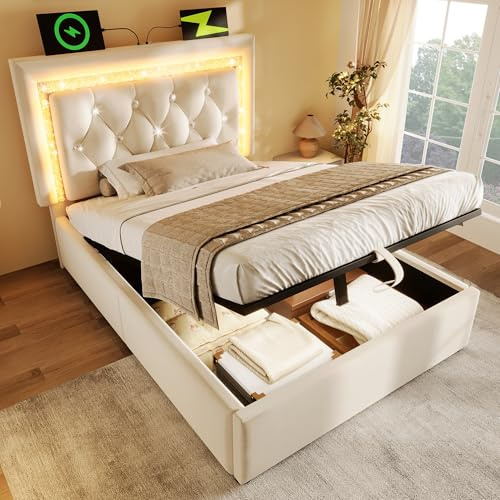 Dolamaní Bett 90x200 cm Samt, Einzelbett mit LED im Kopfteil, Hydraulischem Bettkasten mit Stauraum, modernes Jugendbett mit Lattenrost und USB, Polsterbett, ohne Matratze (Beige B)