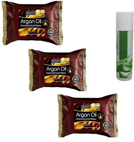 Beauty Formula Argan Oil Cleansing Facial Wipes 3x 25 = 75 Wipes For All Skin Types With Free Aloe Vera Lip Balm
