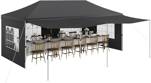 Heavy Duty Spitzdach-Pavillon 3x6 m Mit 6 Abnehmbaren Seitenwänden, Kommerzielles Pop Up Partyzelt Mit PE-Fenstern & Verstärkten Beinen, Inkl. 6 Sandsäcken, Dunkelgrau, 420D