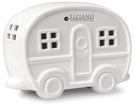 Tiziano® Keramik Wohnwagen Deko Creme-weiß (19cm) - Hochwertige Glanzkeramik mit liebevollen Details - Perfekt als stilvolles Wohnaccessoire für Camping-Fans - Vielseitig einsetzbar in Wohnzimmer