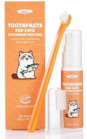 UNEK Kit de cuidado dental para gatos – Pasta de dientes enzimática 30 g sabor salmón, con cepillo de dientes y cepillo de dedo, ayuda a reducir la placa y el mal aliento