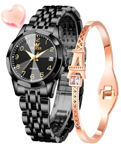 OLEVS Damenuhr Diamant Analog Quarz Uhren Damen Edelstahl Wasserdicht Leuchtend Modisch Elegantes Kleid Armbanduhr Armreif Geschenk Set