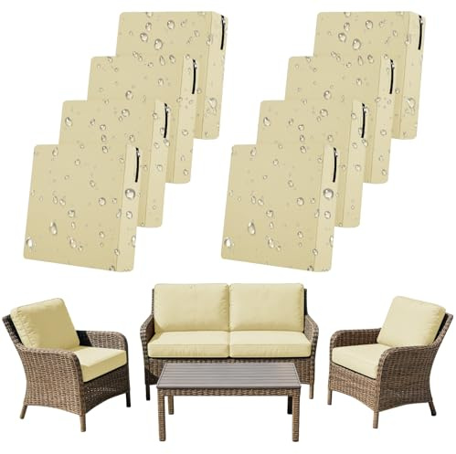 SYLC 8Pcs Outdoor Cushion Covers Waterproof Patio Cushion Covers Replacement with Zipper, Garden Rattan Sofa Seat Slipcovers Furniture Protector (Beige,4pcs 65×65×10cm+4pcs 65×33×10cm)
