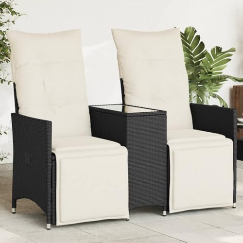 KKHOMEI Balkonmöbel Set 3 Teilig Gartensofa 2 Sitzer Verstellbar mit Tisch Balkon Möbel Kleiner Balkon Balkonset 2 Stühle 1 Tisch Rattan Sofa 2 Sitzer Lounge Sofa Schwarz