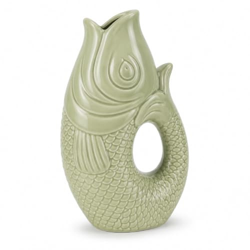 WESTCRAFT Fischvase aus Keramik, 4 Pastell Farben, 9 bis 22 cm, Koi Karpfenform, Blumenvase für stilvolles Wohnen, für dekorative Tischdekoration zuhause - handgefertigt (Salbei (H 22cm, Gross))