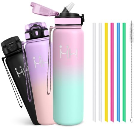 Gourde Isotherme 1l - Gourde - Bouteille Isotherme - Thermos Avec Paille - Double Isolation - Gourdes Inox - Facile à Nettoyer - Bouteille Thermos, Bouteille d'eau pour Randonnée, Yoga, Sport