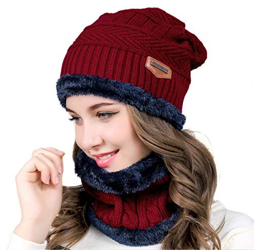 HIDARLING Warm Knitted Hat and Circle Scarf Skiing Hat with Fleece Liner Outdoor Sports Hat Sets for Men & Women (Red Wine)(Size: M)