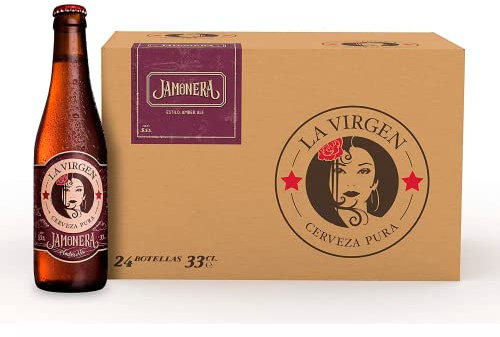 La Virgen, Pack 24 Botellas x 330 ml, Cerveza Artesana Jamonera, Refrescante Con Gusto a Caramelo, Malta Tostada y Fruta, 5.5% Volumen Alcohol