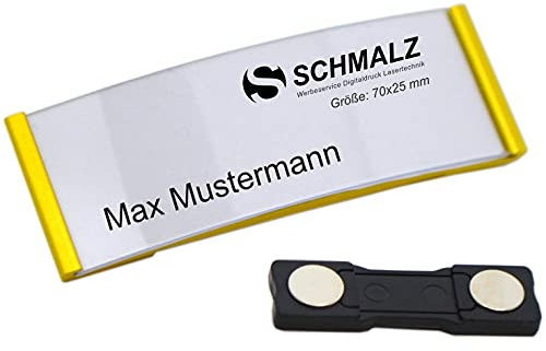 Schmalz® 10 STÜCK edles Aluminium Namensschilder mit starkem Magnet Doppelmagnet silber eloxiert professionelle Qualität, modisch gewölbt ca. 70x25mm mit Papiereinschub (gold)