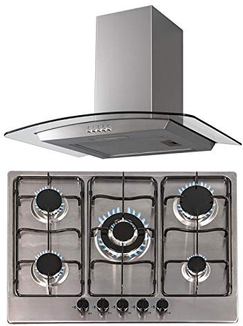 SIA 70cm Stainless Steel 5 Burner Gas Hob And 70cm Curved Glass Cooker Hood Fan