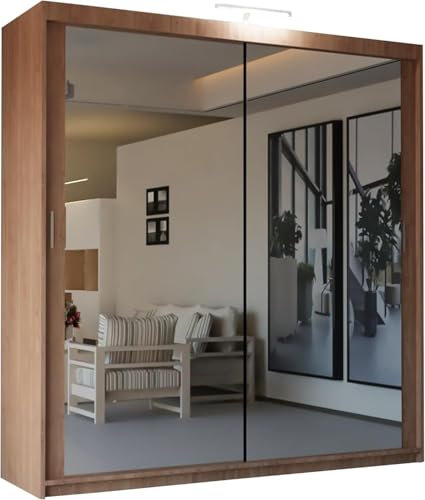 SLIDING WARDROBE 4U Mirror Sliding 2 or 3 Door Wardrobe with LED Light 90cm/120cm/150cm/180cm/203cm/250cm White-Black-Grey-Walnut-Wenge-Oak (Walnut, 180cm)