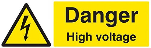 Signe, Danger High Voltage, Rp, hauteur extérieure 100 mm, largeur extérieure 300 mm, couleur du panneau noir sur jaune, panneau légende danger haute tension, matériau du panneau en plastique, type de