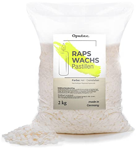 Oputec 2 KG Kerzenwachs Pastillen aus Raps: Helles Cremefarbenes Wachs - Kerzen selber Machen - Kerzen gießen aus natürlichem Wachs - Eigene Kerzen herstellen und nachfüllen - Made in Germany