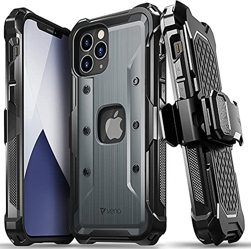 Vena vArmor Rugged Case Compatible With Apple iPhone 12 Pro Max (6.7-inch), (Military Grade Drop Protection) Heavy Duty Holster Belt Clip Cover with KickStand - Space Gray