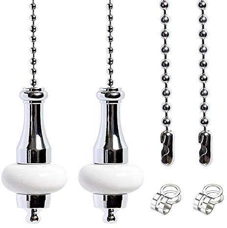 LY 2 Pcs Light Pull Chain Switch Pull Cord Weight Handle Metal Chrome Plated with White Ceramic Connectors, Ceiling Fan Pull Chain Bathroom Toliet Light Pulls Cord 1 Meter