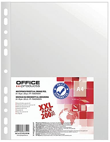 Dokumentenhüllen OFFICE PRODUCTS PP A4 Genarbt 40 Mikron 200St / / Typ-Genarbt/Art-Standard/Material-Pp/Farbe-Transparent/Format-A4 / Dicke [mm]-40µm / Abmessungen (mm)-230x300