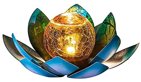 SUAVER Lampe solaire LED en forme de lotus en forme de boule de verre craquelé - Décoration de jardin - Lanterne solaire en métal - Nénuphar - Lampe de table d'extérieur (bleu)