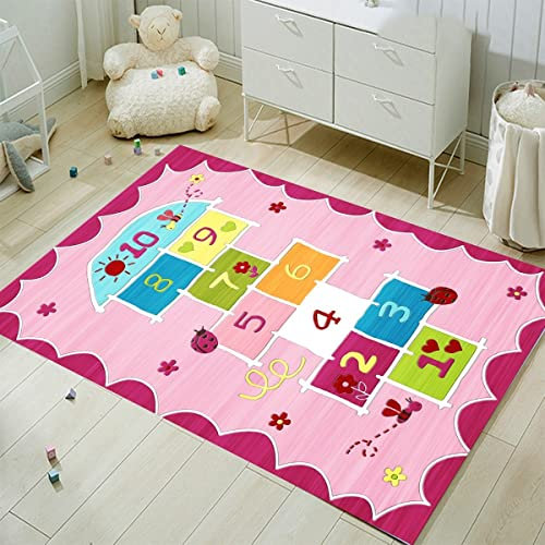 FODELIUY HüPfspiel Teppich Kinderzimmer, Hopscotch Rug, HüPfkäStchen Matte, Spielteppich MäDchen Jungen, HüPfmatte Kinder(80×120cm)
