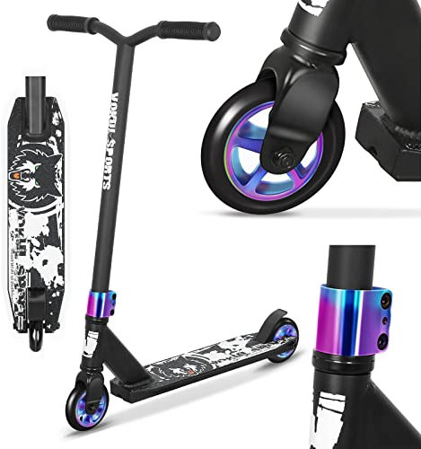 Joycruise Stunt-Scooter Pro Trick-Scooter für Kinder und Jugendliche ab 6 Jahren, Jungen und Mädchen, Kick-Freestyle-Anfänger-Scooter, 360°-Spin-Lenker, robuster Aluminiumrahmen, 100-mm-Regenbogenräde