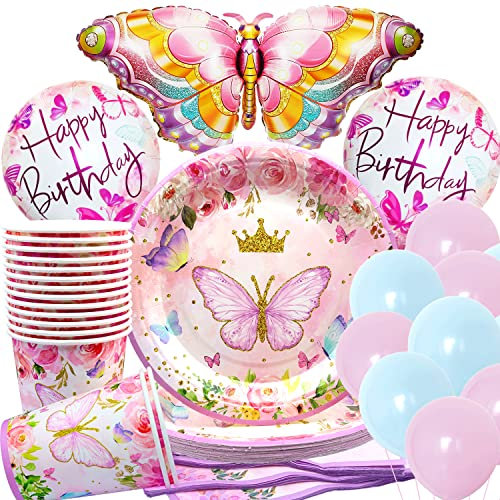 Doyomtoy Schmetterling Party Geschirr Set,61 Stück Geburtstag Party Set Geburtstagsteller, Tassen, Servietten und Schmetterling Ballons für Kindergeburtstag Party Deko Baby Shower (16 Gäste)