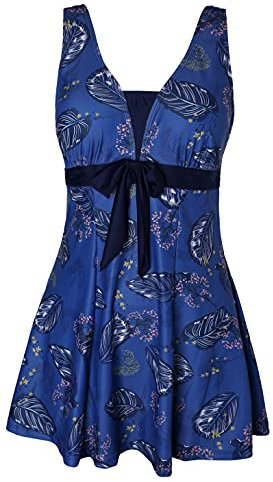 Ecupper Maillot de Bain Une Pieces pour Femme Rétro Jupe avec Volantée Contrôle du Ventre Push Up Col en V Feuille Bleue L