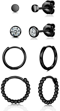 WOVEE Ohrringe Schwarz Set Ohrstecker Runde Zirkonia Ball & Creolen Silber 925 Damen Herren Mädchen 3mm 4mm 10mm 12mm