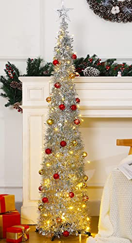 Árbol de Navidad desplegable con 100 Luces Blancas cálidas, árboles de Navidad Plegables para Vacaciones, Carnaval, Fiesta, Navidad, 30 Adornos y Estrella de árbol incluida (Blanco)